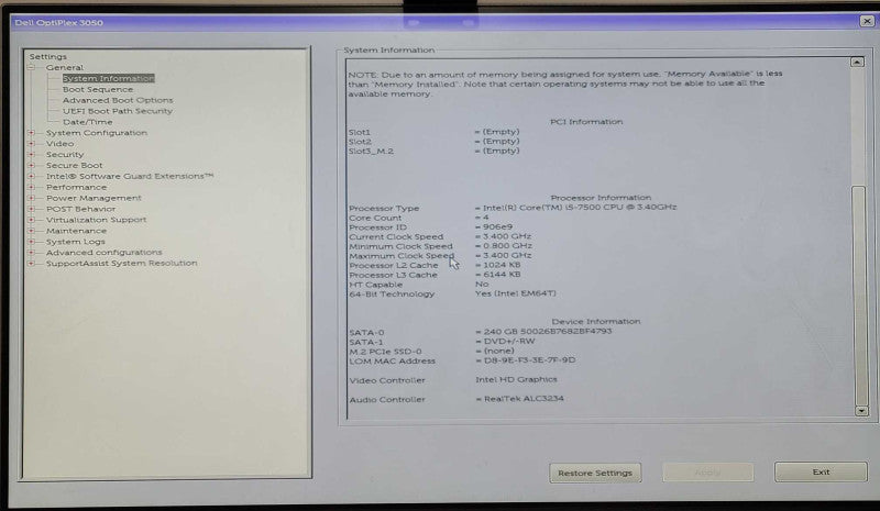 Dell OptiPlex 3050 SFF, Intel Core i5-7500 3.4GHz, 8GB RAM, 256GB SSD