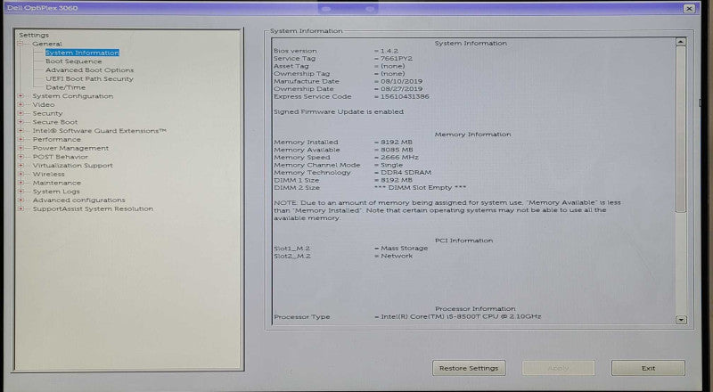 Dell Optiplex 3060 Micro Desktop, i5-8500T 2.10GHz, 8GB RAM, 256GB Nvme, WiFi