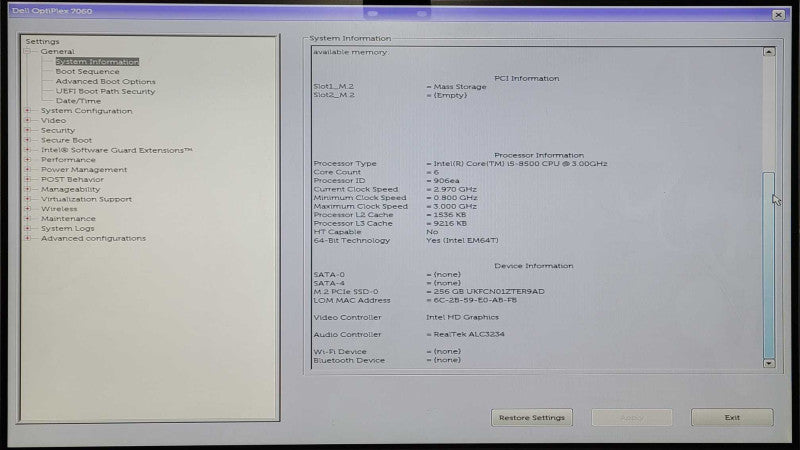 Dell OptiPlex 7060 Micro, Intel i5 8500 3.00GHz, 8GB RAM, 256GB Nvme, READ