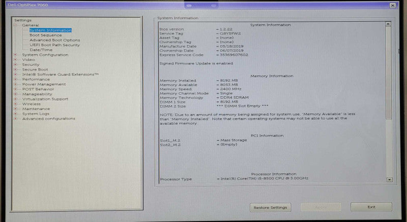 Dell OptiPlex 7060 Micro, Intel i5 8500 3.00GHz, 8GB RAM, 256GB Nvme, READ