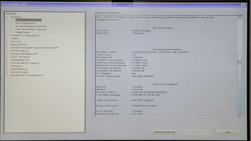 Dell OptiPlex 7050 Tiny, Intel Core i7-7700 3.60GHz, 8GB RAM, 256GB Nvme