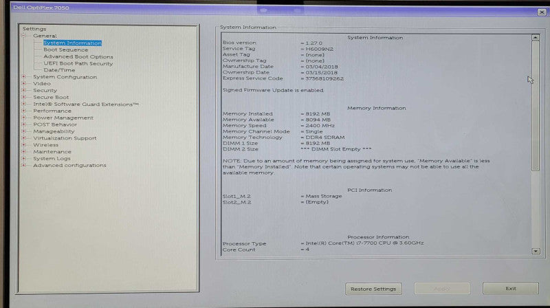 Dell OptiPlex 7050 Tiny, Intel Core i7-7700 3.60GHz, 8GB RAM, 256GB Nvme