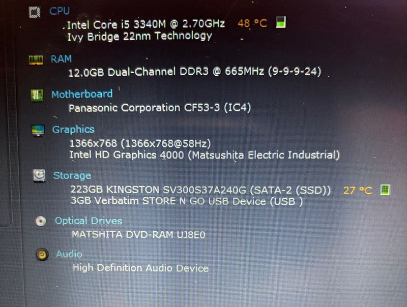 Panasonic ToughBook CF-53 Core i5-3340M@2.7GH 12GB RAM 240GB SSD 5580Hrs READ