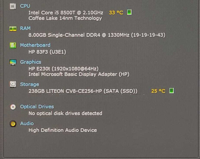 HP ProDesk 400 G4, i5-8500T 2.10GHz, 8GB RAM, 256GB SSD, WiFi, PWR ADPT