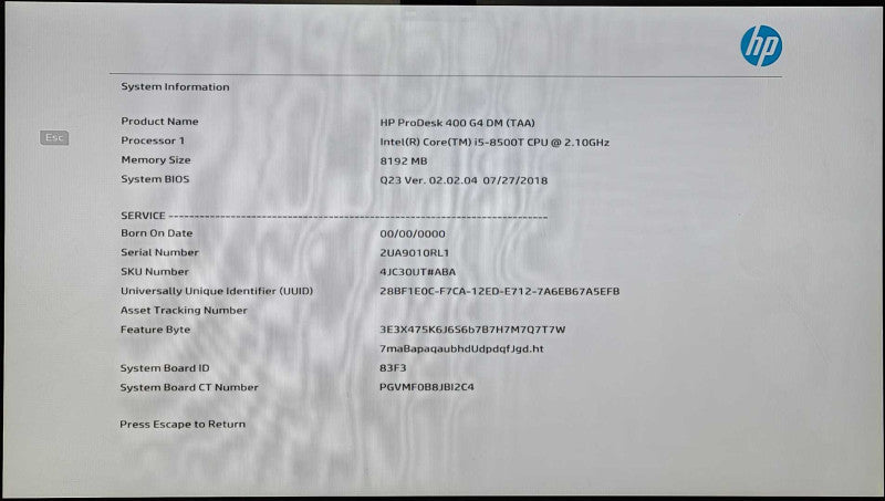 HP ProDesk 400 G4, i5-8500T 2.10GHz, 8GB RAM, 256GB SSD, WiFi, PWR ADPT