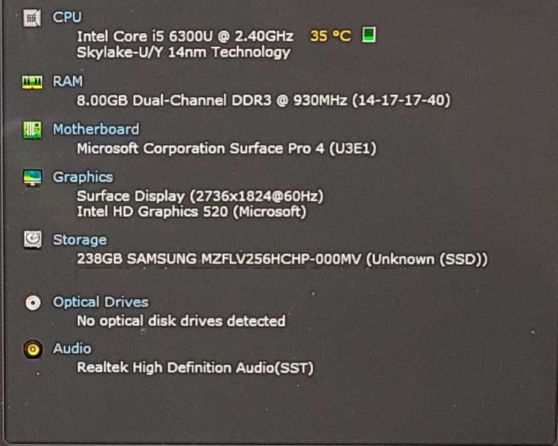 Microsoft Surface Pro 4 (1724) - i5-6300U 2.40GHz, 8GB RAM, 256GB SSD