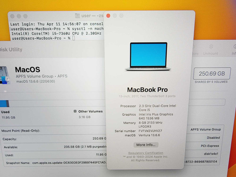Apple Macbook Pro 2017 13\\" Core i5-7360U @ 2.3GHz 8GB DDR3 250GB SSD (