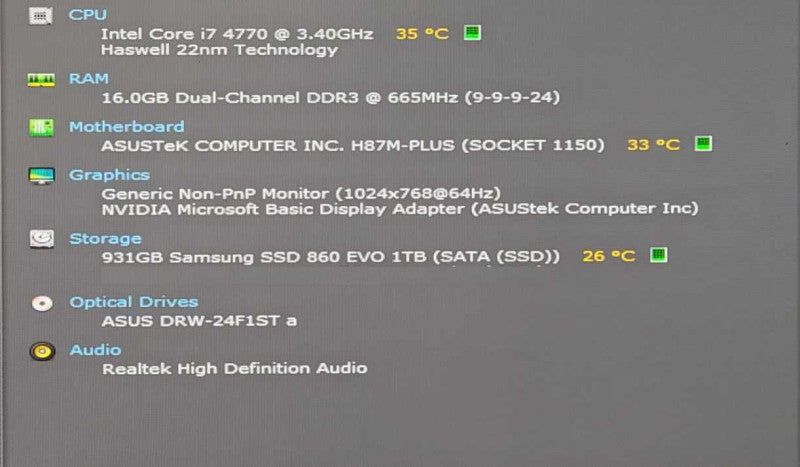 Custom PC, ASUS H87M-PLUS, i7-4770 3.40GHz, 16GB DDR3 RAM, 1TB SSD, GTX 760