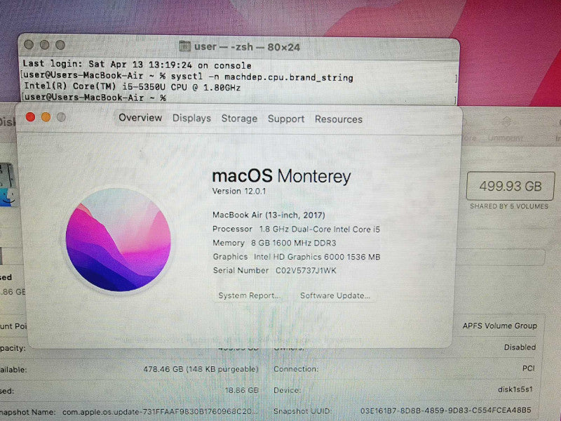 Apple Macbook Air 2017 13\\" Core i5-5350U @ 1.8GHz 8GB DDR3 500GB SSD [Read] (