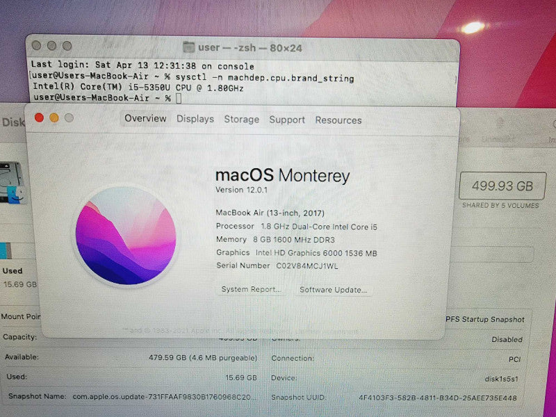 Apple Macbook Air 2017 13\\" Core i5-5350U @ 1.8GHz 8GB DDR3 500GB SSD (