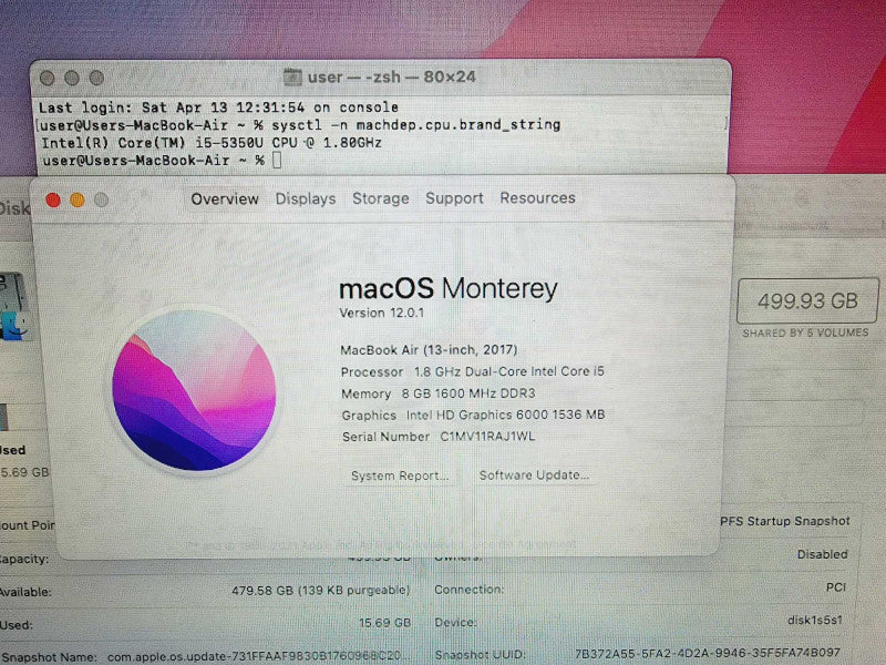 Apple Macbook Air 2017 13\\" Core i5-5350U @ 1.8GHz 8GB DDR3 500GB SSD [Read] (