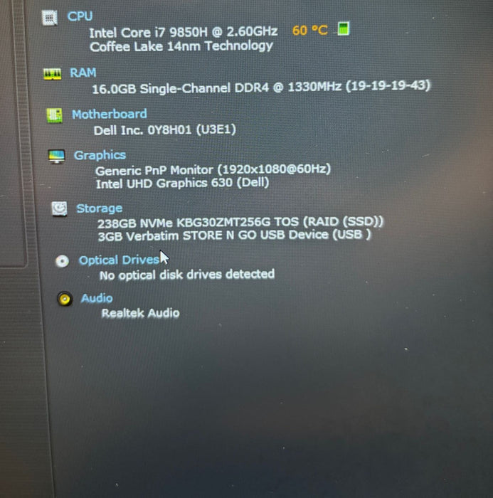 Dell Latitude 5501 Intel Core i7-9850H@2.60GHz 16GB RAM 256GB SSD  Lap200