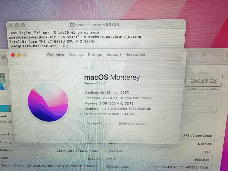 Apple Macbook Air 2017 13\\" Core i7-5650U @ 2.2GHz 8GB DDR3 250GB SSD (
