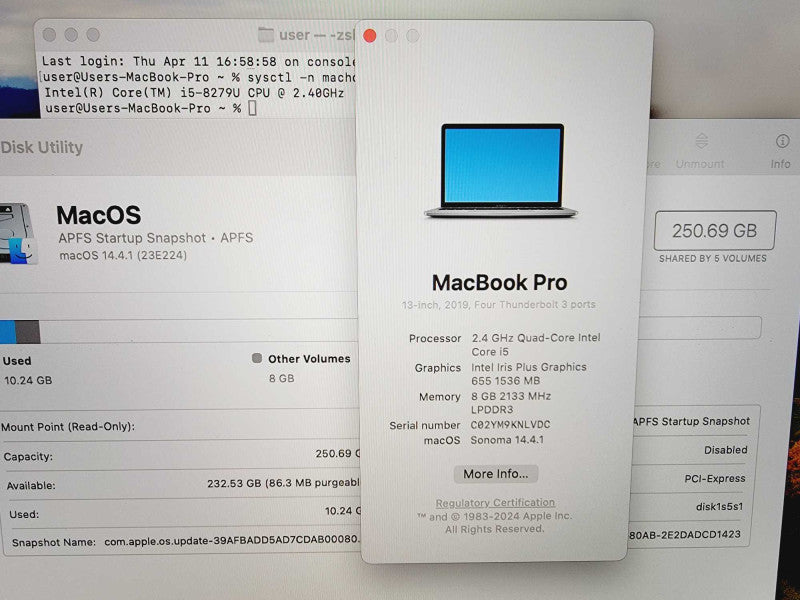 Apple Macbook Pro 2019 13\\" Core i5-8279U @ 2.4GHz 8GB DDR3 250GB SSD [Read] (