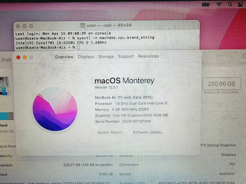 Apple Macbook Air 2015 11\\" Core i5-5250U @ 1.6GHz 4GB DDR3 250GB SSD (