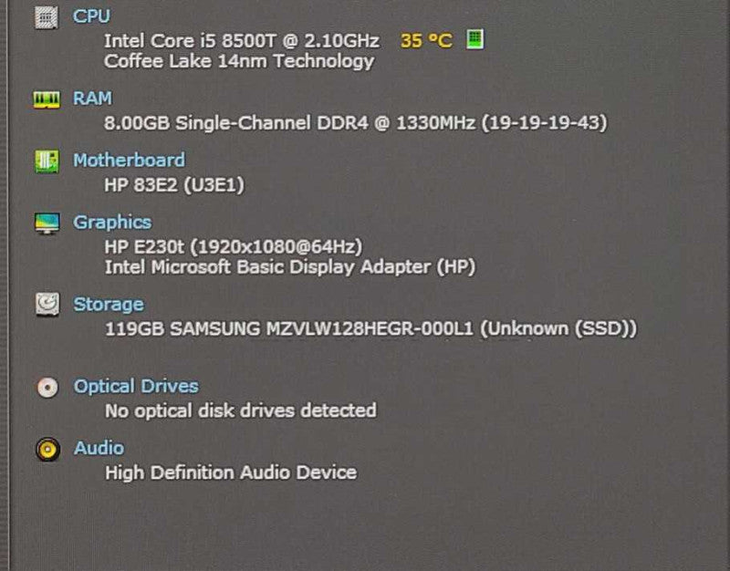 HP ProDesk 400 G4, i5-8500T 2.10GHz, 8GB RAM, 128GB Nvme, WiFi, PWR ADPT