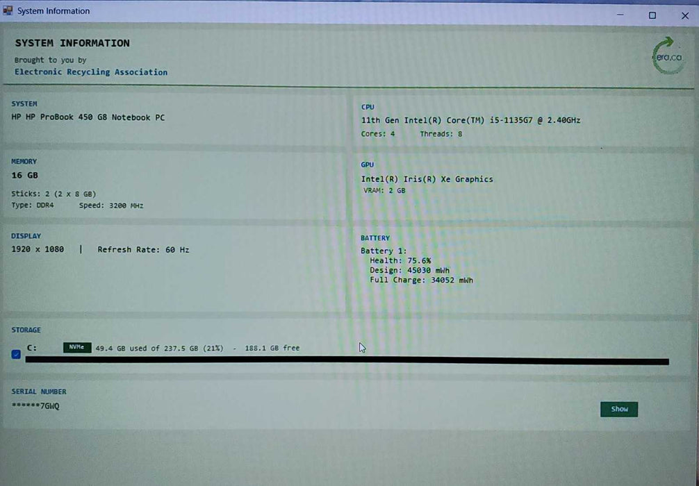 HP ProBook 450 G8 Core i5-1135G7@2.40GHz 16GB RAM 256GB SSD  Lap200