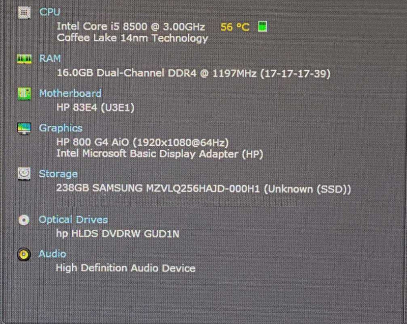 HP EliteOne 800 G4 23.8\\" Non-Touch AiO i5-8500 3.00GHz, 16GB RAM, 256GB Nvme