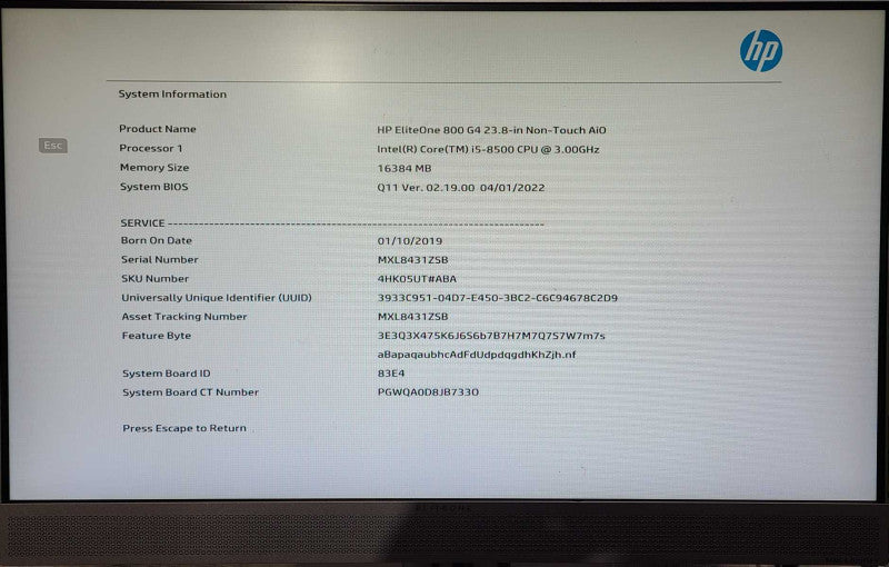 HP EliteOne 800 G4 23.8\\" Non-Touch AiO i5-8500 3.00GHz, 16GB RAM, 256GB Nvme