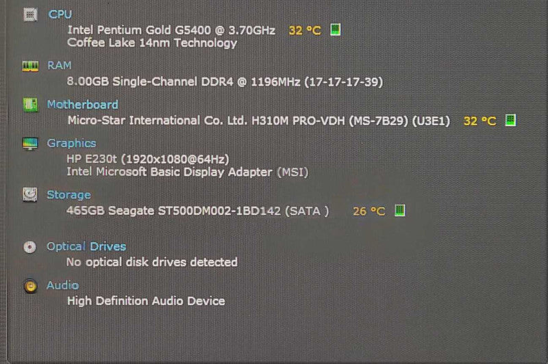 Custom PC/msi H310M PRO-VDH w/ Intel G5400 3.70GHz, 8GB DDR4 RAM, 500GB HDD