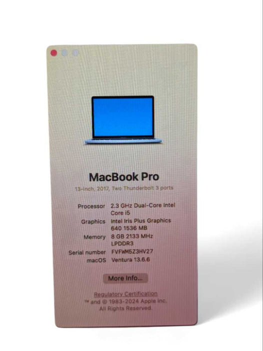 Apple MacBook Pro 2017 13 inch Intel i5-7360U 8GB RAM & 250GB Storage -