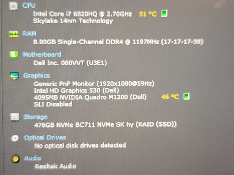 Dell Precision 5520 | i7-6820HQ| 8GB DDR4|Quadro M1200| 512GB SSD | NO AC QÎ² BudLap