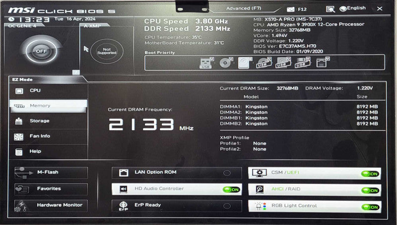 MSI X570-A PRO w/ AMD Ryzen 9 3900X 12-Core CPU, 32GB DDR RAM, I/O Shield