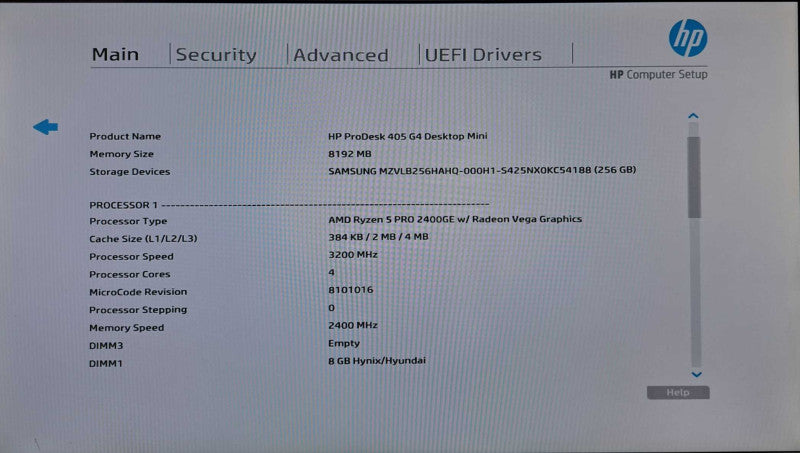 HP ProDesk 405 G4 USFF | Ryzen 5 PRO 2400GE @ 3.2GHz 4C, 8GB DDR4, 256GB NVMe