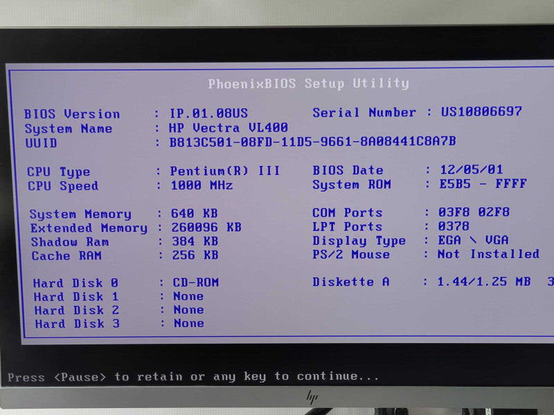 HP Vectra VL400 Vintage PC, Intel Pentium III 1GHz, 256MB RAM, No RAM _