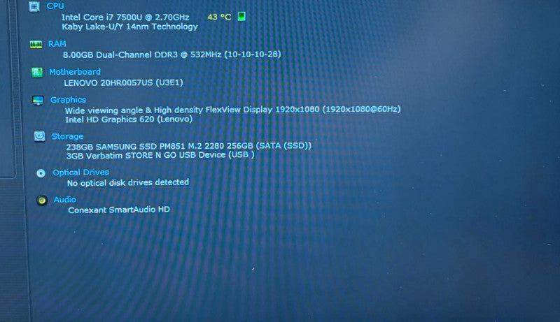 Lenovo ThinkPad X1 Carbon Intel Core i7-7500U@2.7GHz 8GB RAM 256GB SSD
