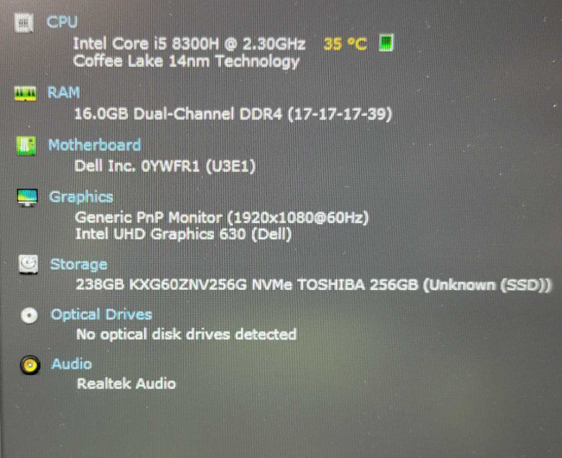 DELL PRECISION 5530 I5 8300H 2.3GHz 16GB DDR4 256SSD READ!  Lap200
