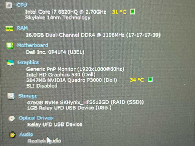 Dell Precision 7720| i7-6820HQ| 16GB DDR4| Quadro P3000| 512GB SSD / No AC QÎ² BudLap