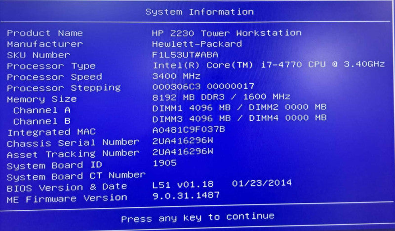 HP Z230 Tower | i7-4770 @ 3.40GHz 4C, 8GB Ram, No HDD/OS, 320W PSU