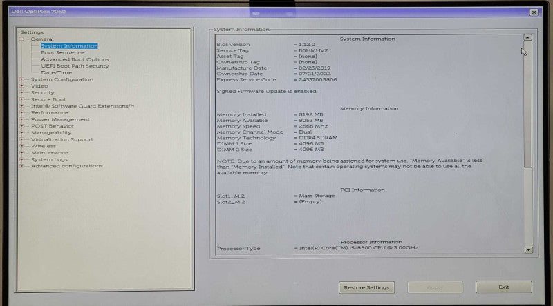 Dell OptiPlex 7060 Micro, Intel i5 8500 3.00GHz, 8GB RAM, 360GB Nvme