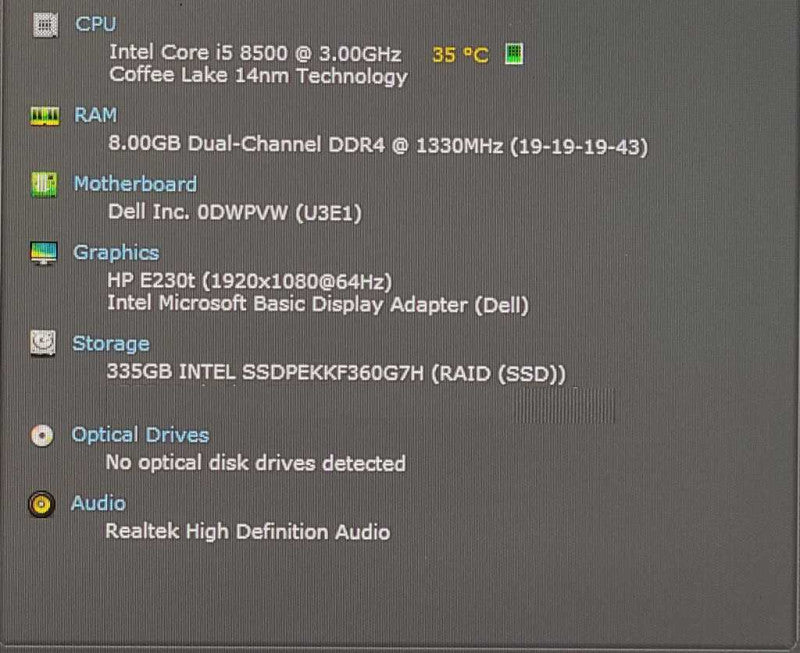 Dell OptiPlex 7060 Micro, Intel i5 8500 3.00GHz, 8GB RAM, 360GB Nvme