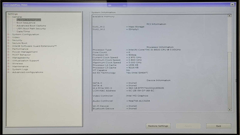Dell OptiPlex 7060 Micro, Intel i5 8500 3.00GHz, 8GB RAM, 360GB Nvme