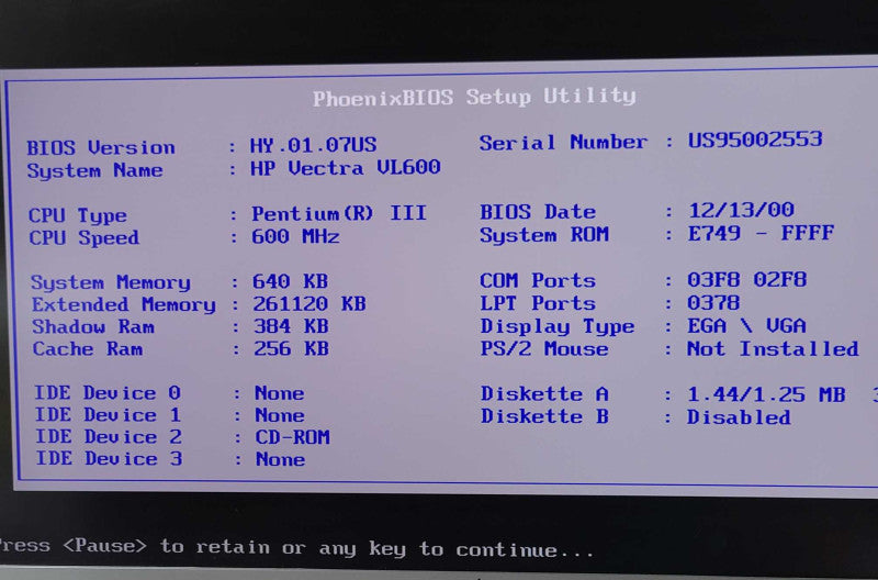 HP Vectra VL600 Perntium III 600MHz 250MB RAM, No HDD _