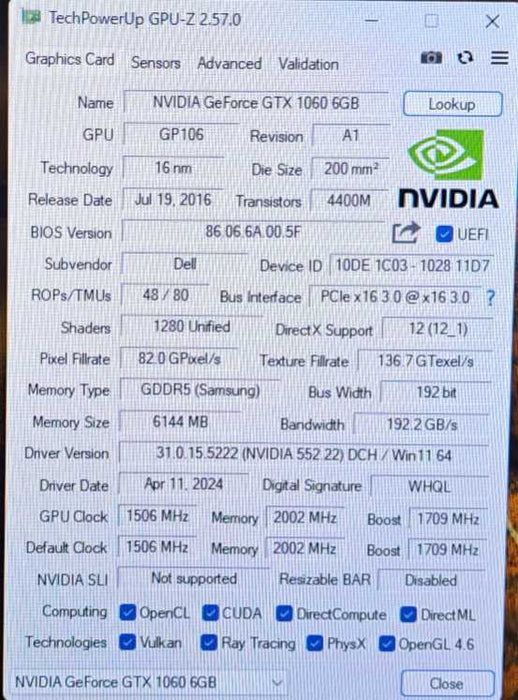 Dell/Nvidia GeForce GTX 1060 6GB GDDR5 Graphics Card 02FNM3