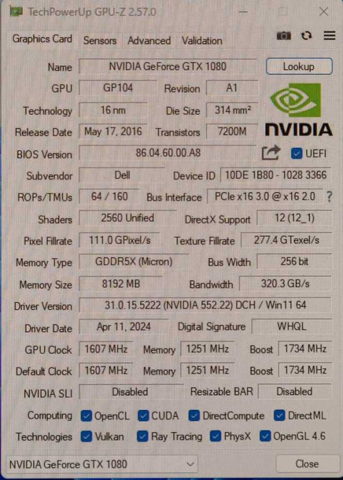 Dell NVIDIA GeForce GTX 1080 8GB GDDR5X Graphics Video Card
