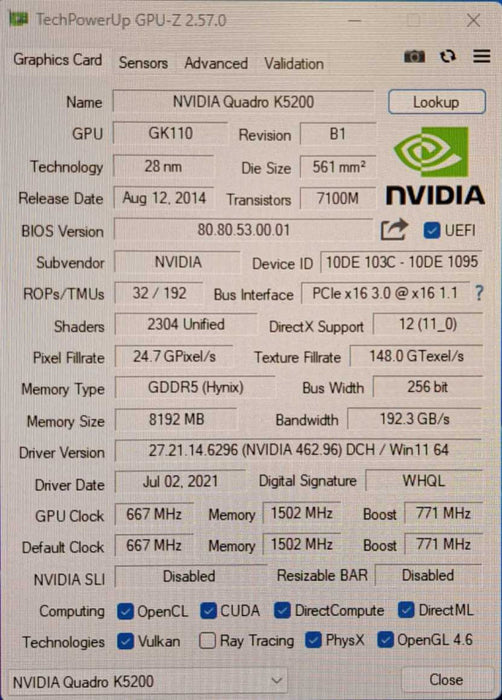 NVIDIA Quadro K5200 | 8GB GDDR5 Graphics Card | DVI DisplayPort