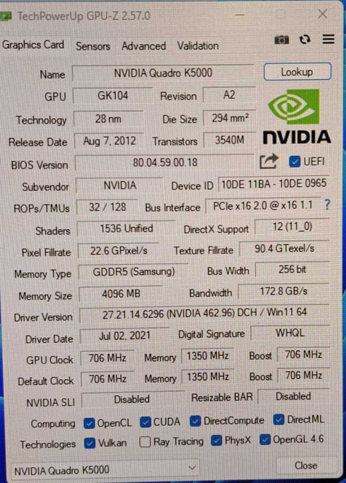 NVIDIA Quadro K5000 4GB GDDR5 Graphics Card | 2x DVI, 2x DisplayPort Q
