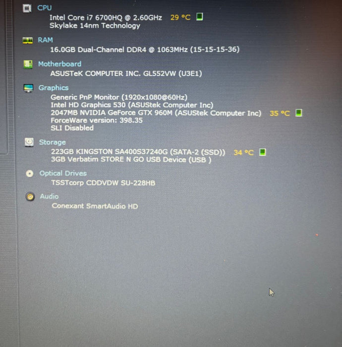 Asus ROG GL552V i7-6700HQ@2.6GHz GTX 960M 2GB GPU 16GB 240SSD No Battery READ  BudLap