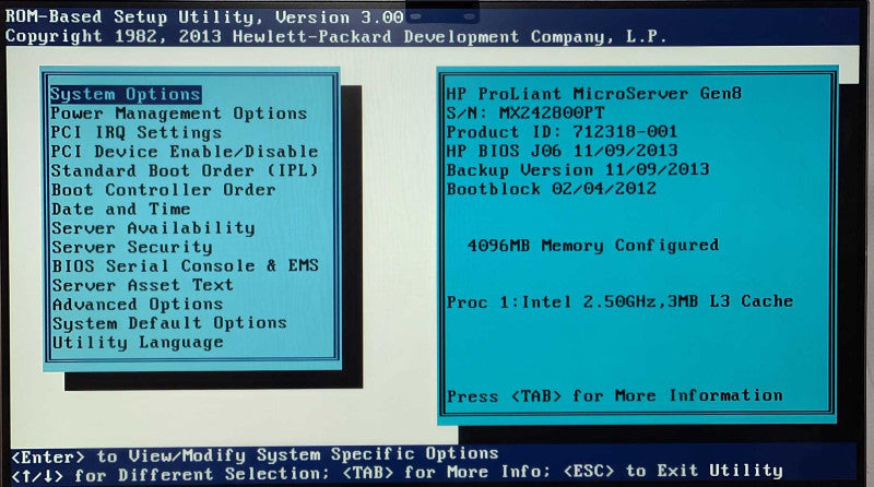 HP ProLiant MicroServer Gen8, Pentium G2020T 2.50GHz, 4GB RAM, RAID B120i