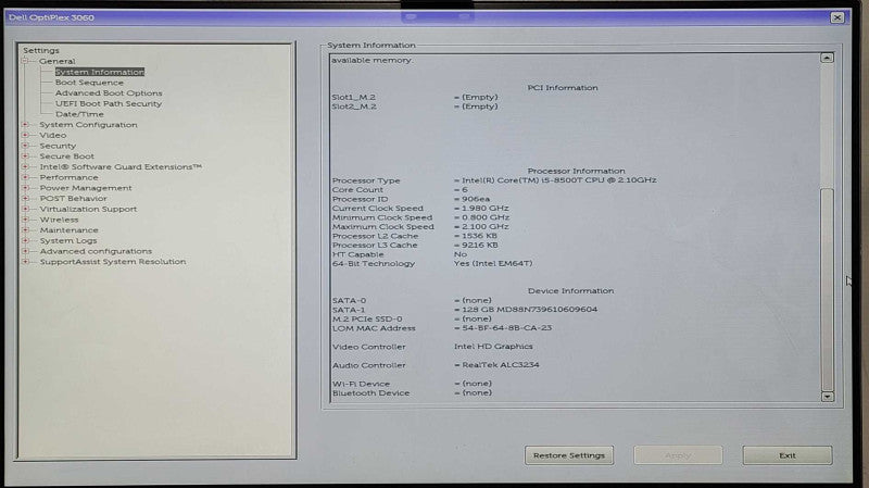Dell Optiplex 3060 Micro Desktop, i5-8500T 2.10GHz, 8GB RAM, 128GB Nvme