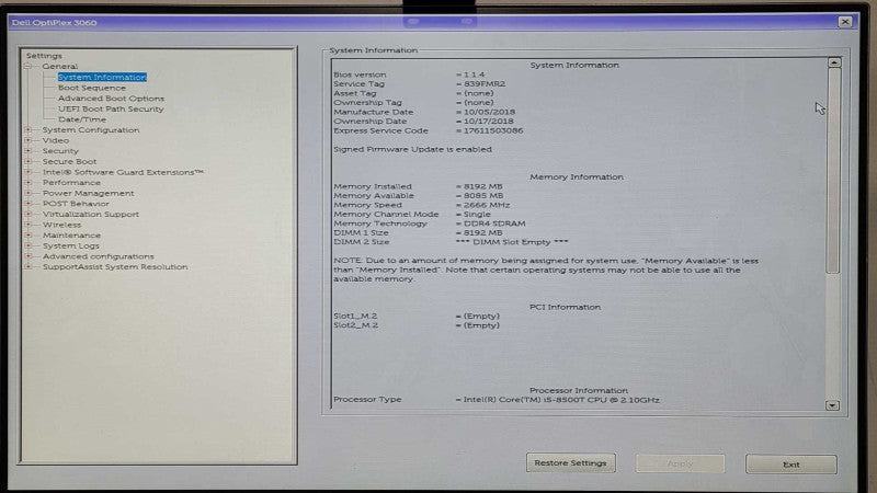 Dell Optiplex 3060 Micro Desktop, i5-8500T 2.10GHz, 8GB RAM, 128GB Nvme