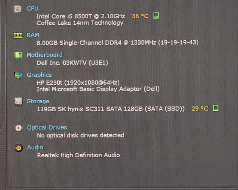 Dell Optiplex 3060 Micro Desktop, i5-8500T 2.10GHz, 8GB RAM, 128GB Nvme