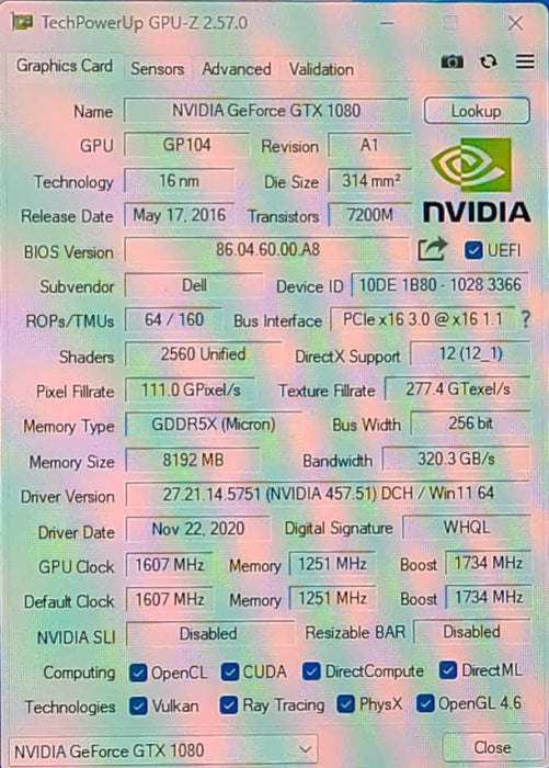 Dell NVIDIA GeForce GTX 1080 8GB GDDR5X Graphics Video Card