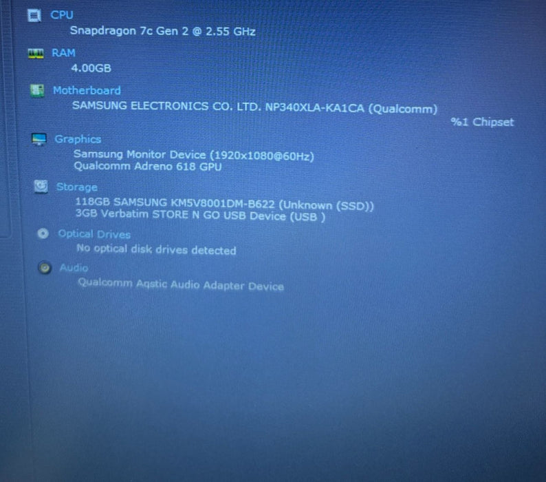 Samsung GalaxyBook NP340XLA Snapdragon 7c @ 2.55 GHz 4GB RAM 128GB SSD  BudLap
