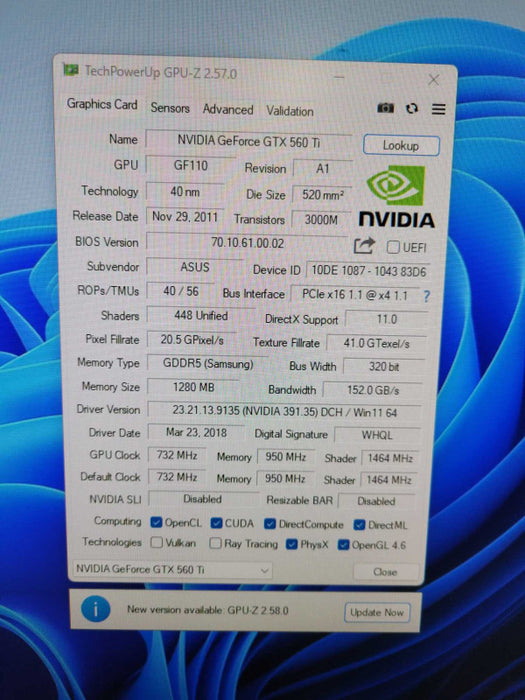 ASUS NVIDIA GeForce GTX 560 Ti Direct CU II 1.28GB DP HDMI DVI !