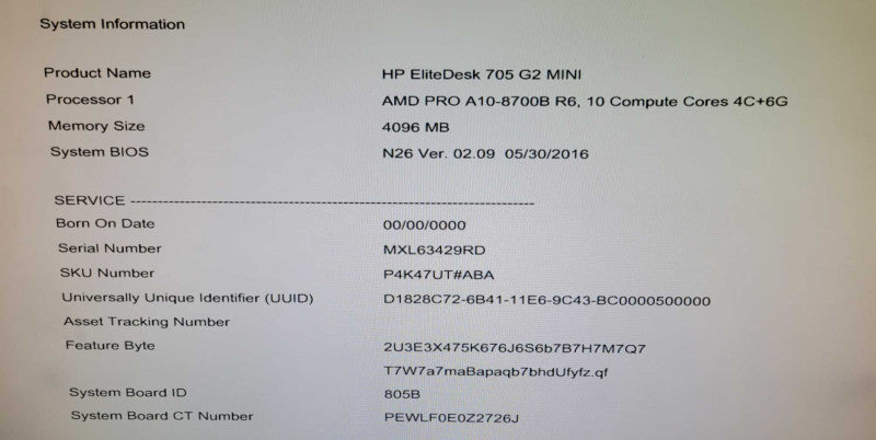 HP EliteDesk 705 G2 Mini PC, AMD PRO A10-8700B 1.8GHz, 4GB RAM, 256GB SSD _